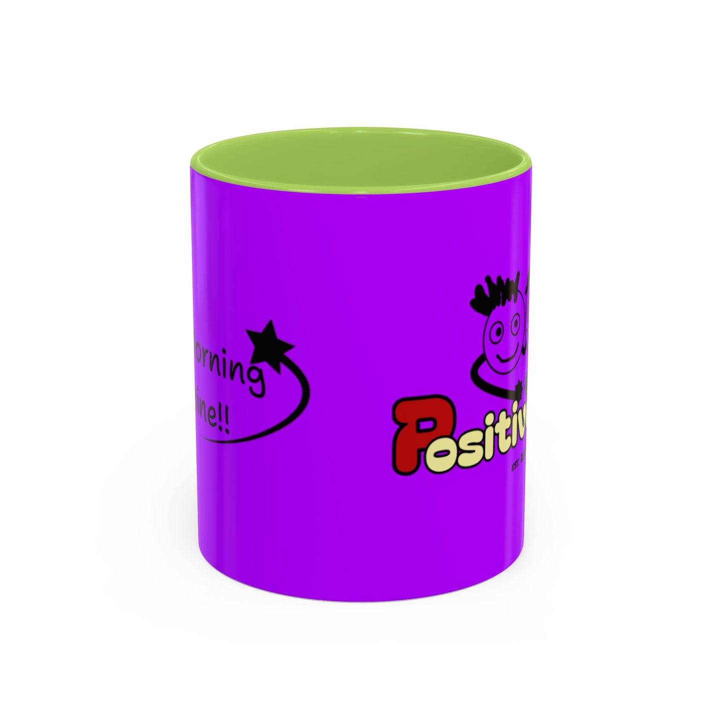 'Good Morning Starshine' Neon Cheerful Coffee Mug by PositiveHug - Purple exterior