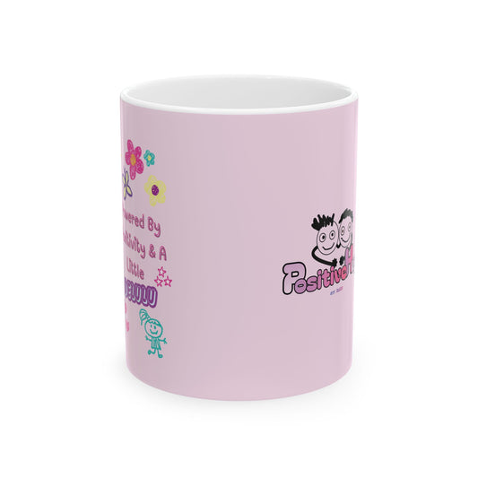 Powered by Positivity & a Little Delulu Mug — Cute Floral Kawaii Coffee Cup (11oz / 15oz) | PositiveHug