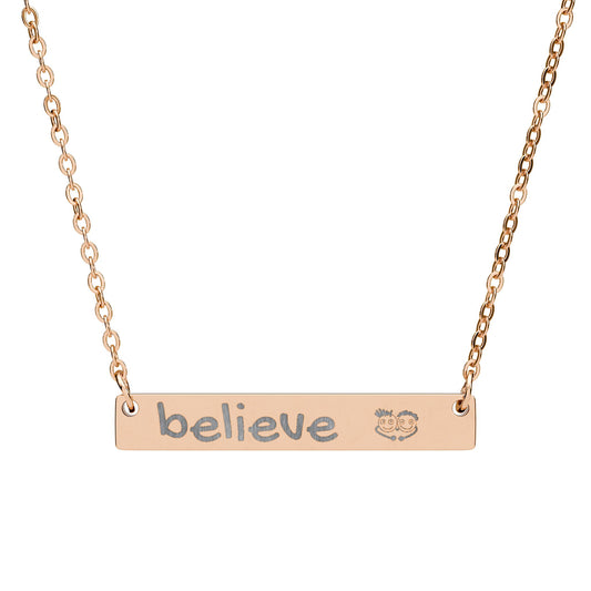 Engraved "Believe" Bar Necklace with PositiveHug logo