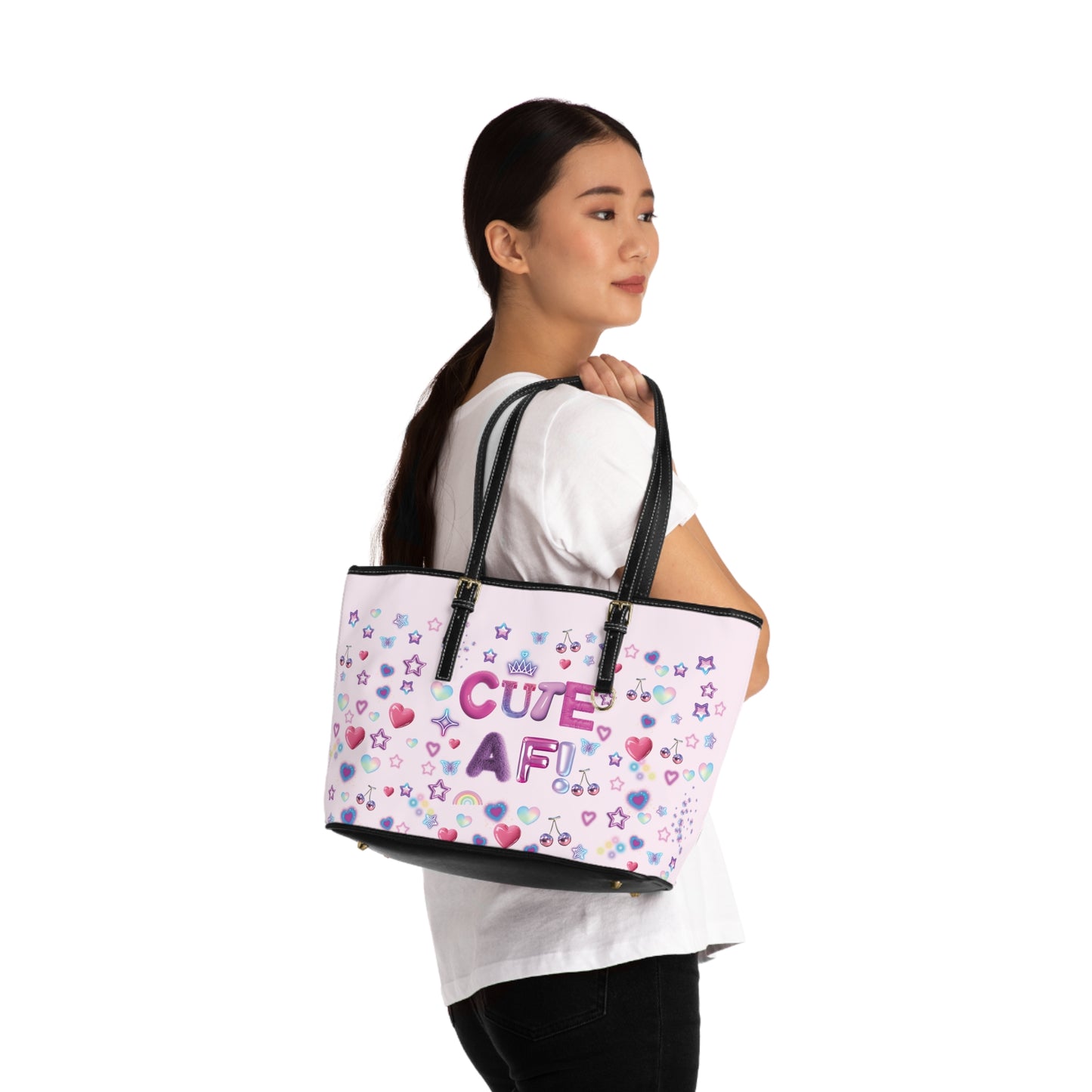 Cute AF Pink Vegan Leather Shoulder Bag — Kawaii Graphic Tote | PositiveHug