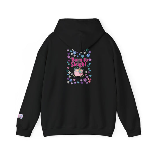 Black festive hoodie a pink sleigh filled with presents, and the words 'born to sleigh' text on the back along side pastle coloured hearts and stars.