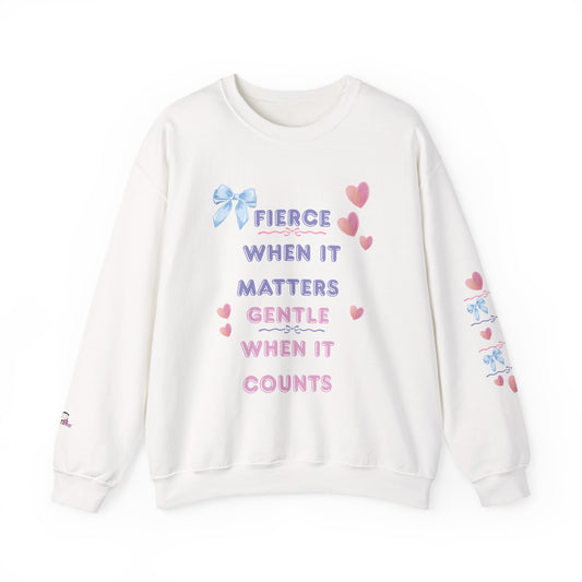 White sweatshirt with motivational quote and graphics on a white background