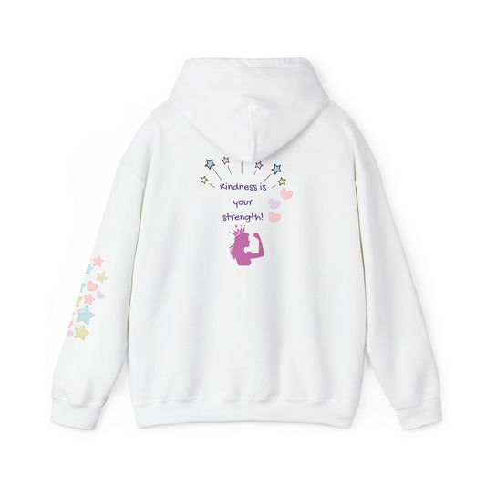 Kindness Is Your Strength — Pastel Hearts & Stars Motivational Hoodie