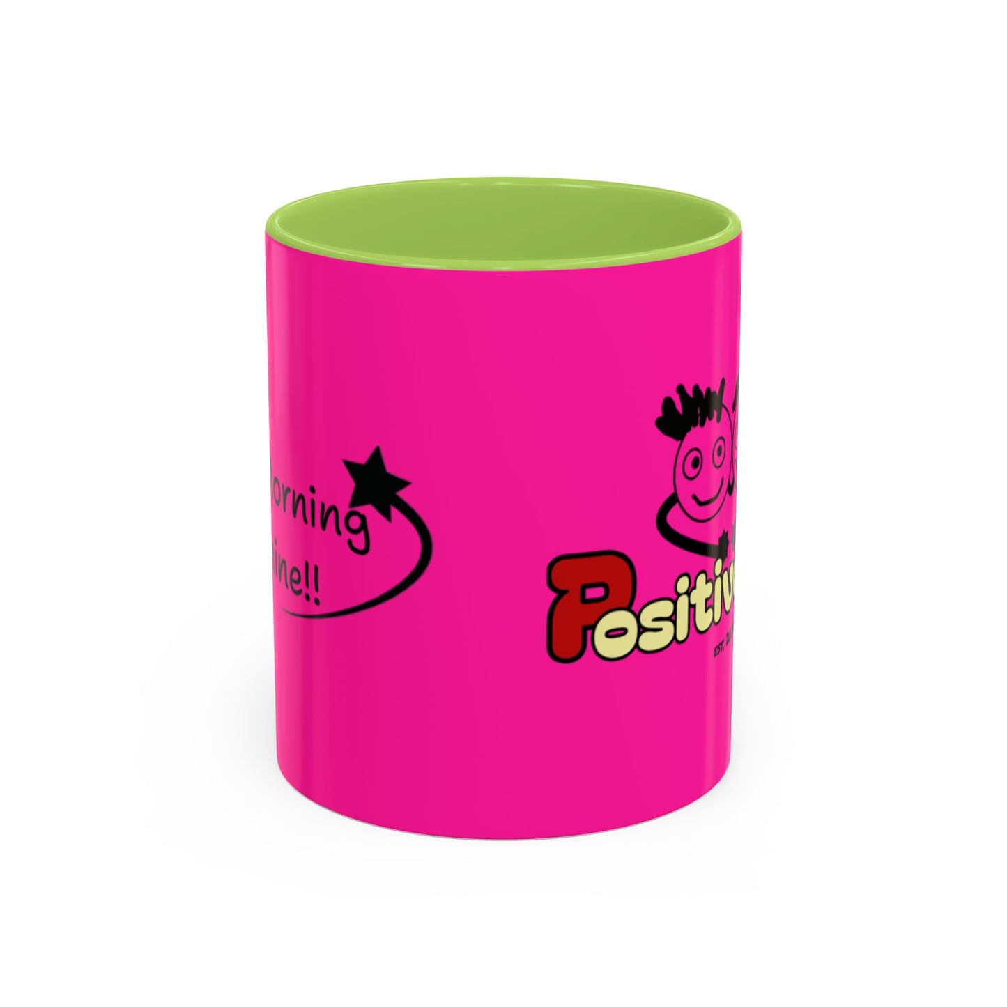 'Good Morning Starshine' Neon Cheerful Coffee Mug by PositiveHug - Pink exterior