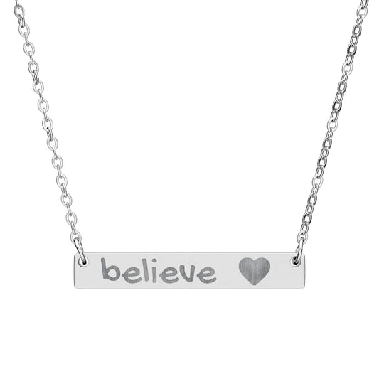 Engraved "Believe" Bar Necklace — Horizontal Heart Pendant