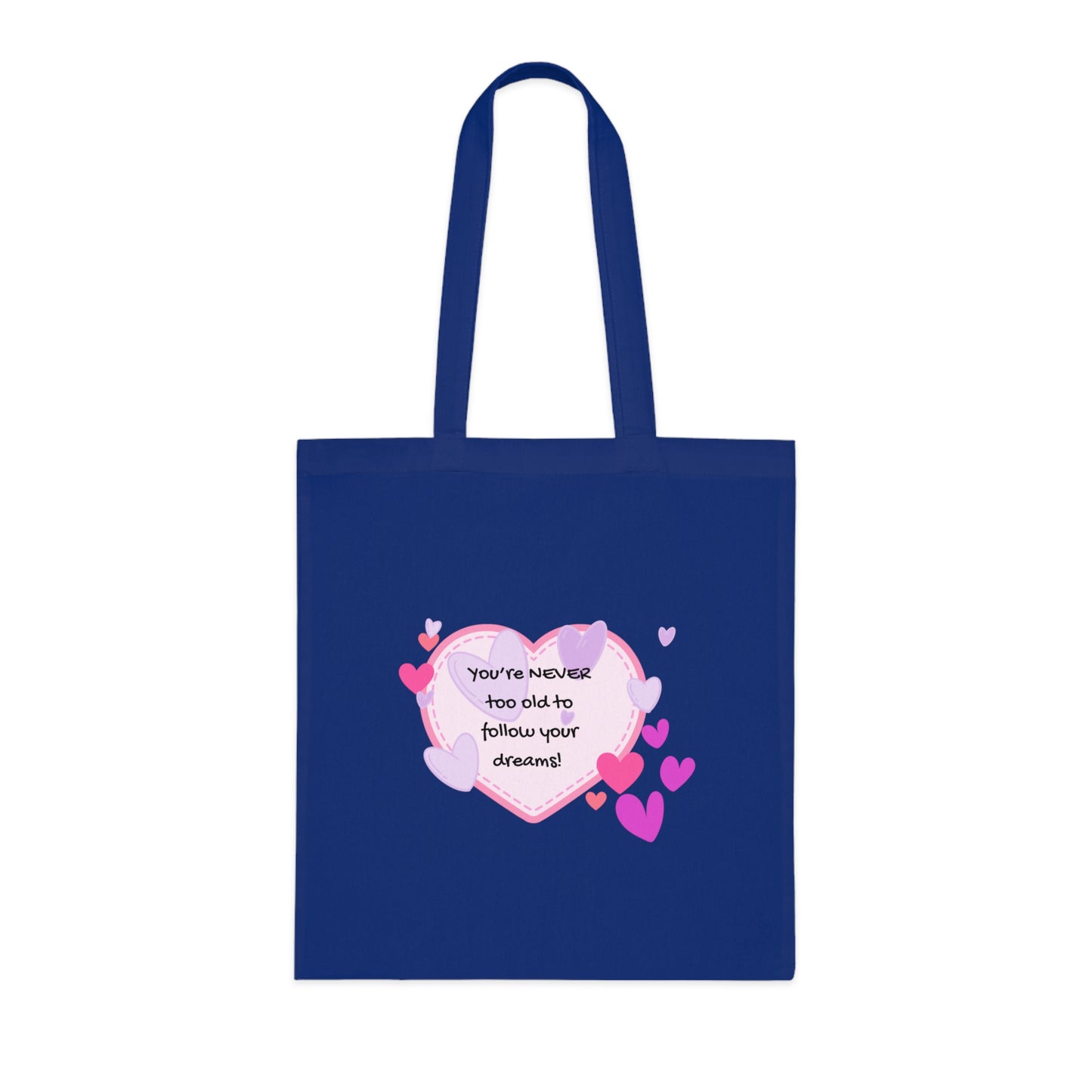Navy blue tote bag with a heart-shaped design and motivational quote on a white background