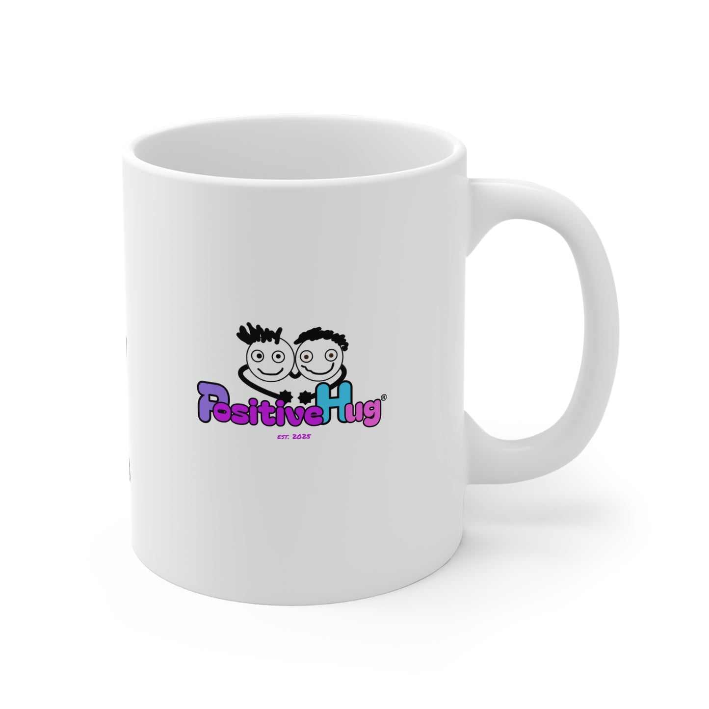 White mug with 'Positive Hug' logo on a white background