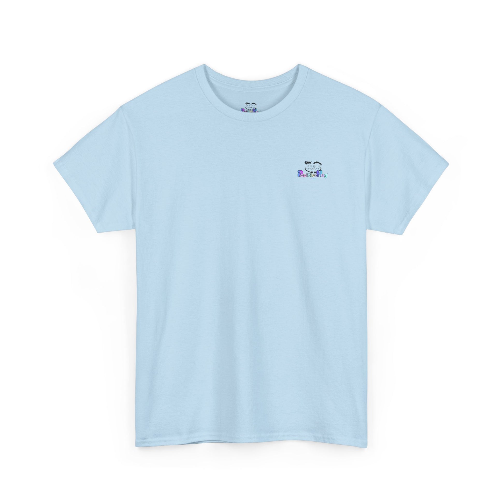 Light blue t-shirt with a small logo on a white background