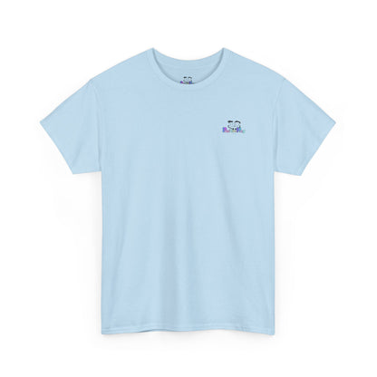 Light blue t-shirt with a small logo on a white background