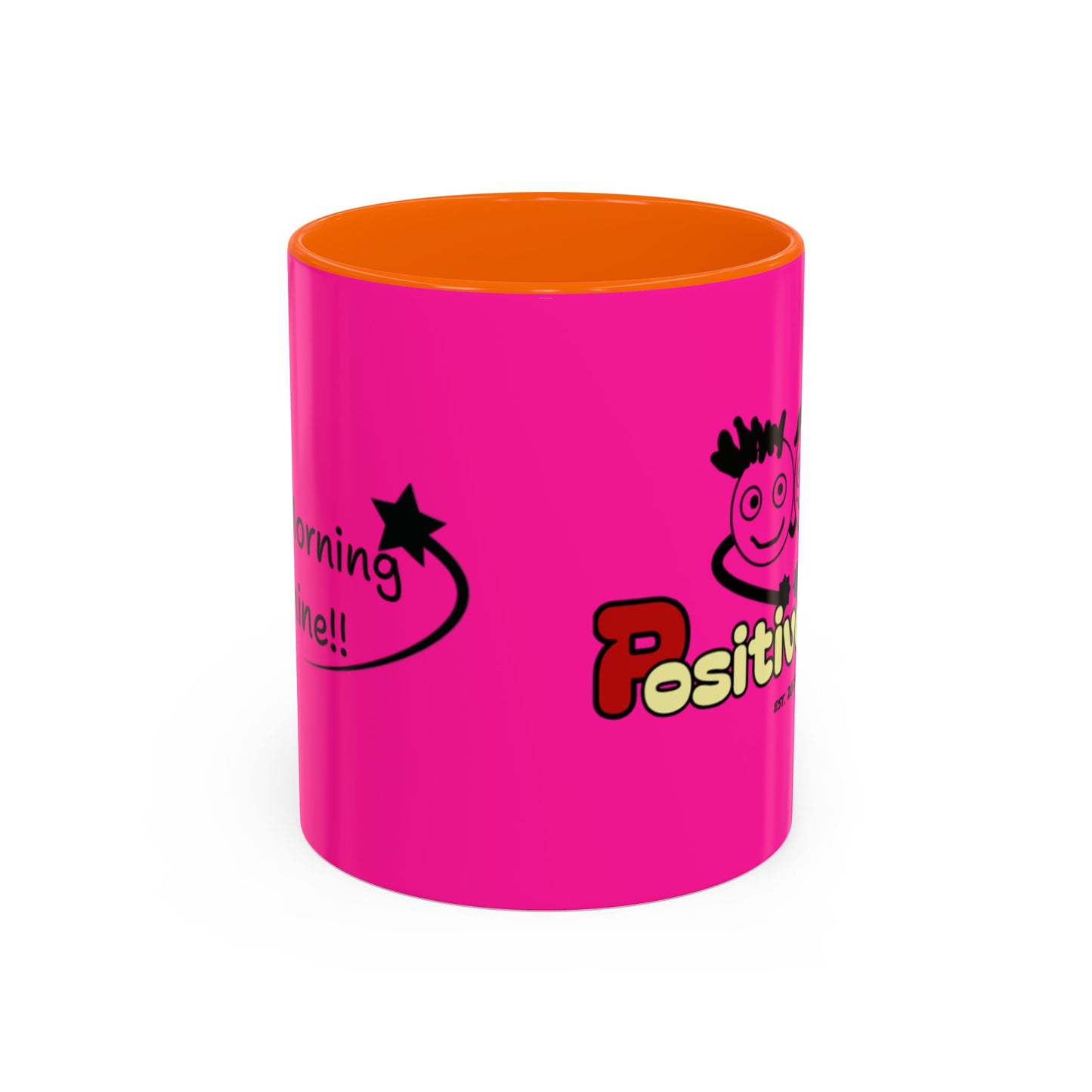 'Good Morning Starshine' Neon Cheerful Coffee Mug by PositiveHug - Pink exterior