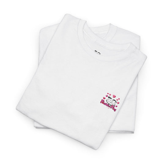 White t-shirt with a graphic design on a white background