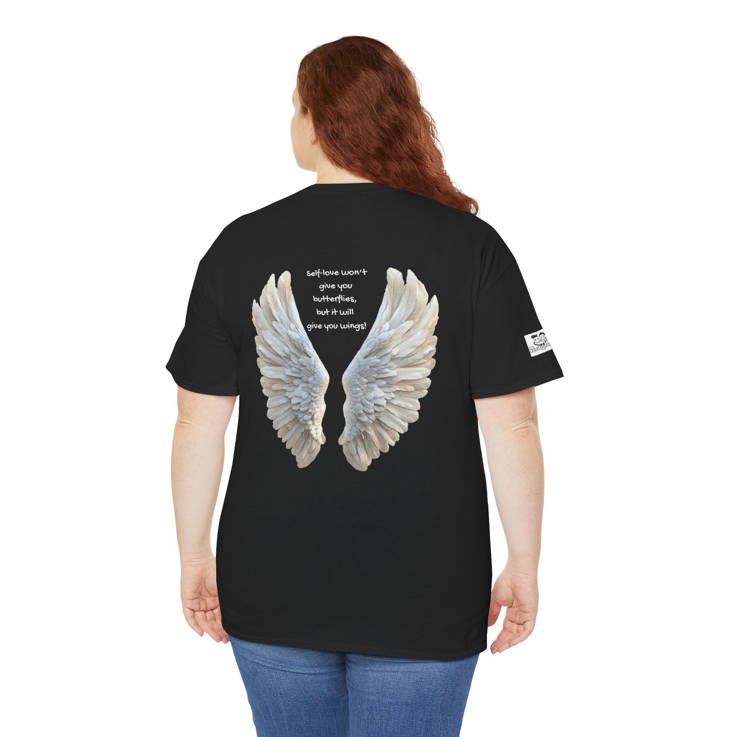 Self Love won't give you butterflies but it will give you wings - Angel Wings T‑Shirt with Positive Motivational Mindset Quote — Back Graphic Tee
