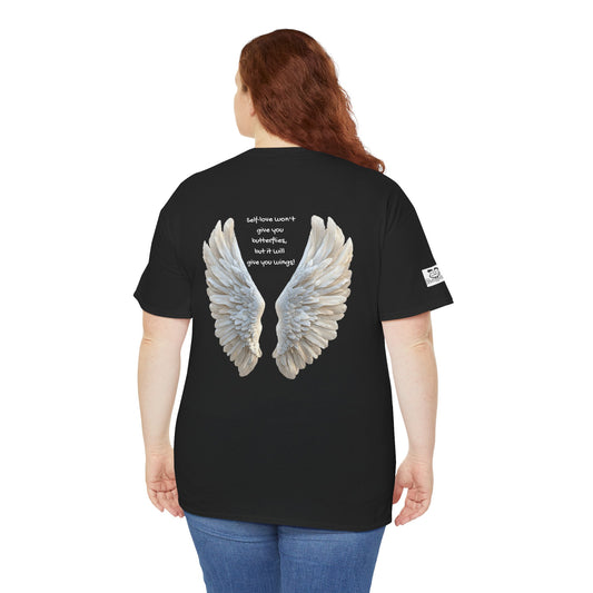 Self Love won't give you butterflies but it will give you wings - Angel Wings T‑Shirt with Positive Motivational Mindset Quote — Back Graphic Tee