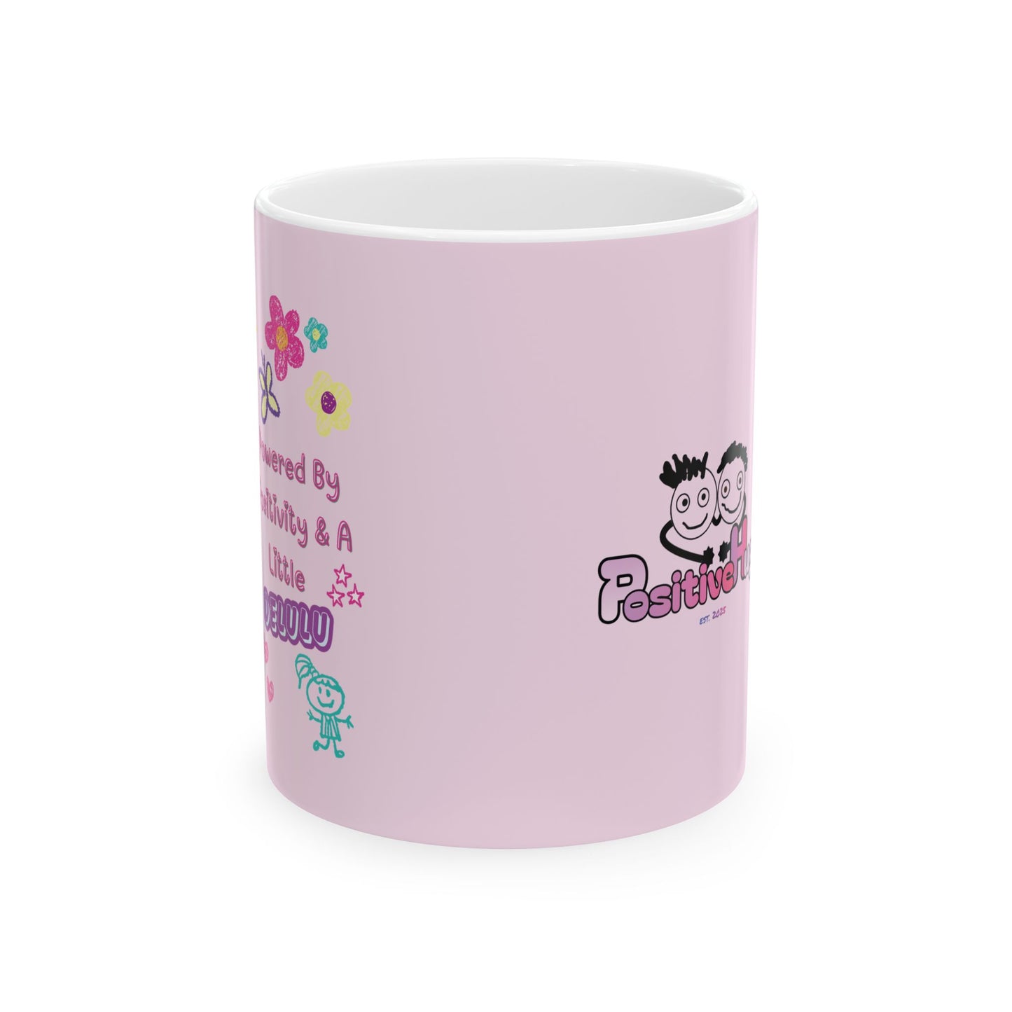 Powered by Positivity & a Little Delulu Mug — Cute Floral Kawaii Coffee Cup (11oz / 15oz) | PositiveHug