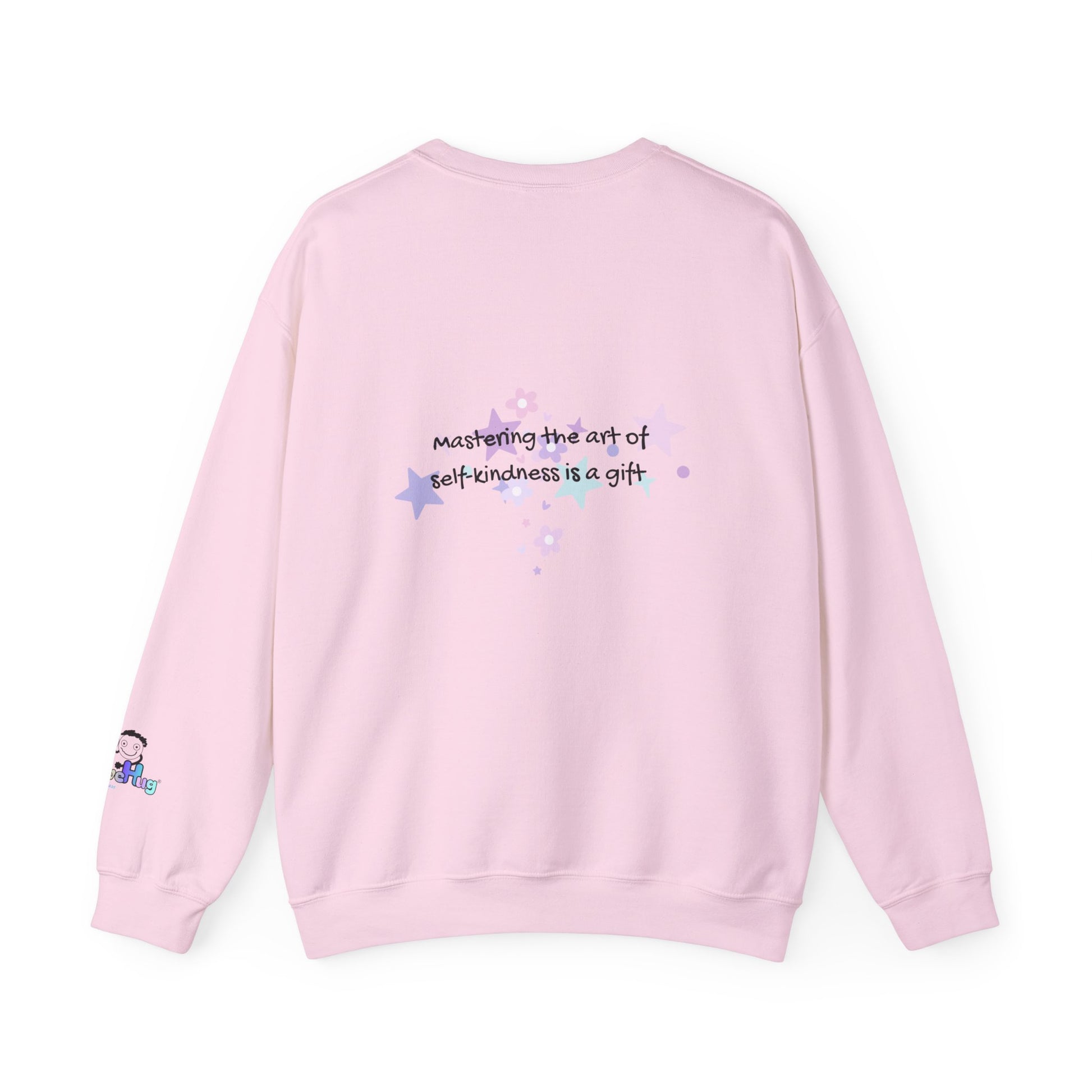 Pink sweatshirt with text and graphics on a white background
