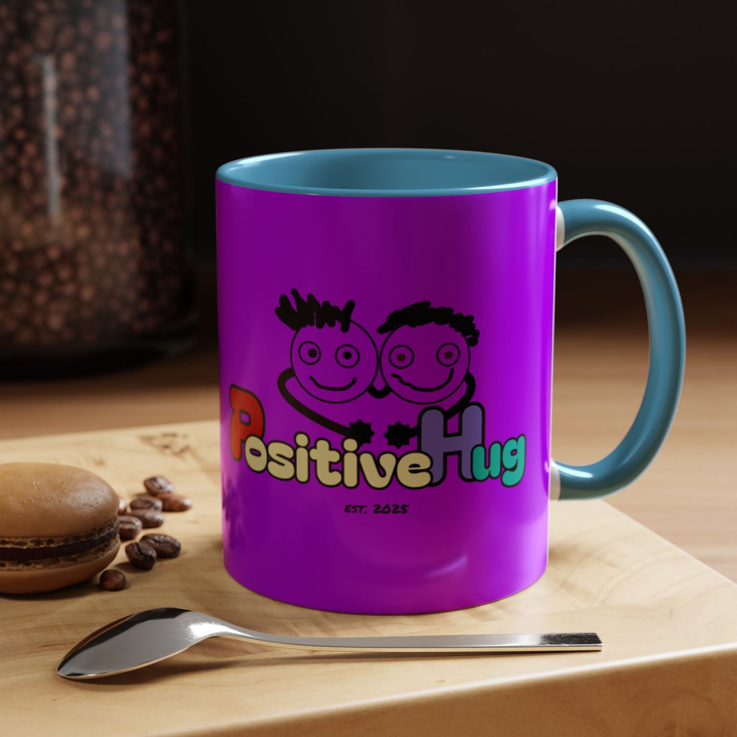 'Good Morning Starshine' Neon Cheerful Coffee Mug by PositiveHug - Purple exterior