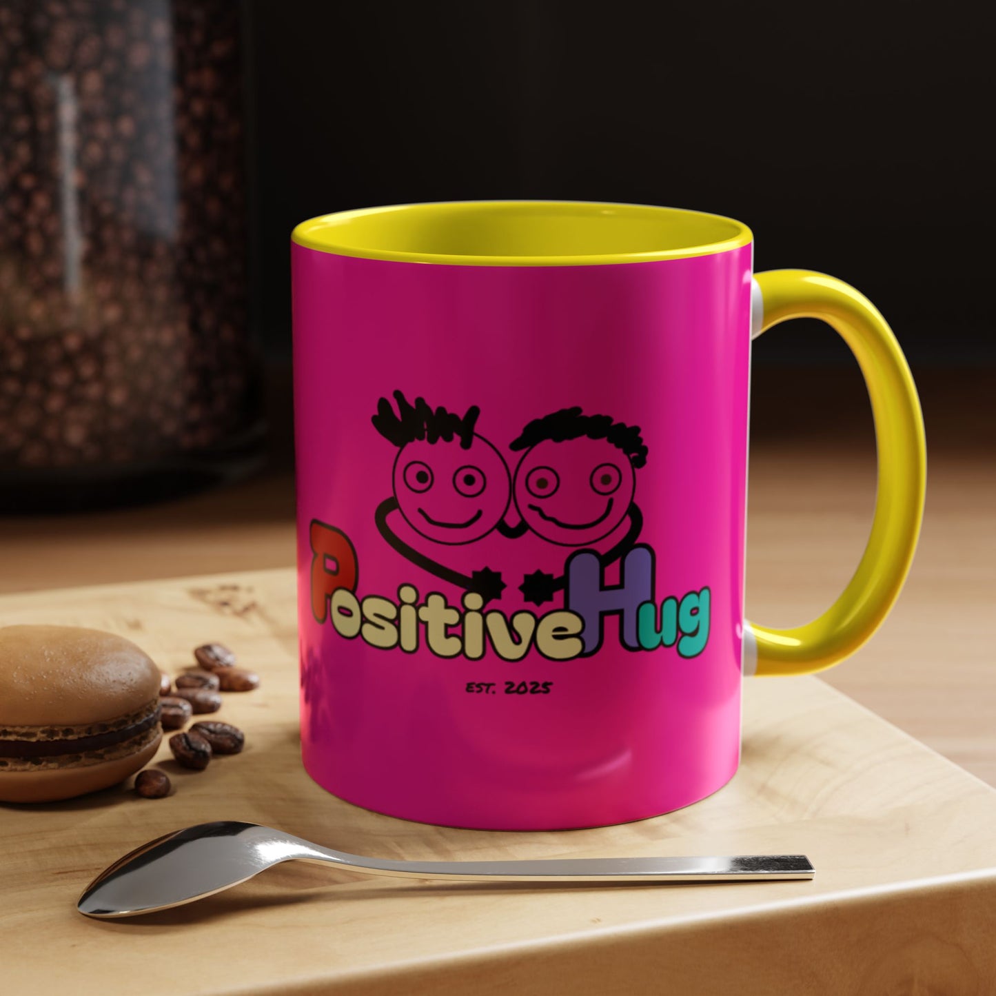 'Good Morning Starshine' Neon Cheerful Coffee Mug by PositiveHug - Pink exterior