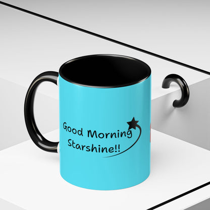 'Good Morning Starshine' Neon Cheerful Coffee Mug by PositiveHug - Turquoise exterior
