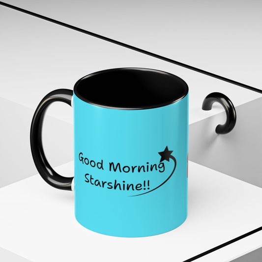 'Good Morning Starshine' Neon Cheerful Coffee Mug by PositiveHug - Turquoise exterior