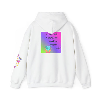 White hoodie with colorful text and graphics on a white background
