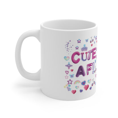 White mug with colorful text and graphics on a white background