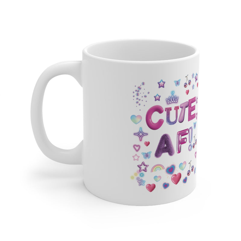 White mug with colorful text and graphics on a white background