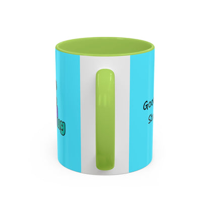 'Good Morning Starshine' Neon Cheerful Coffee Mug by PositiveHug - Turquoise exterior