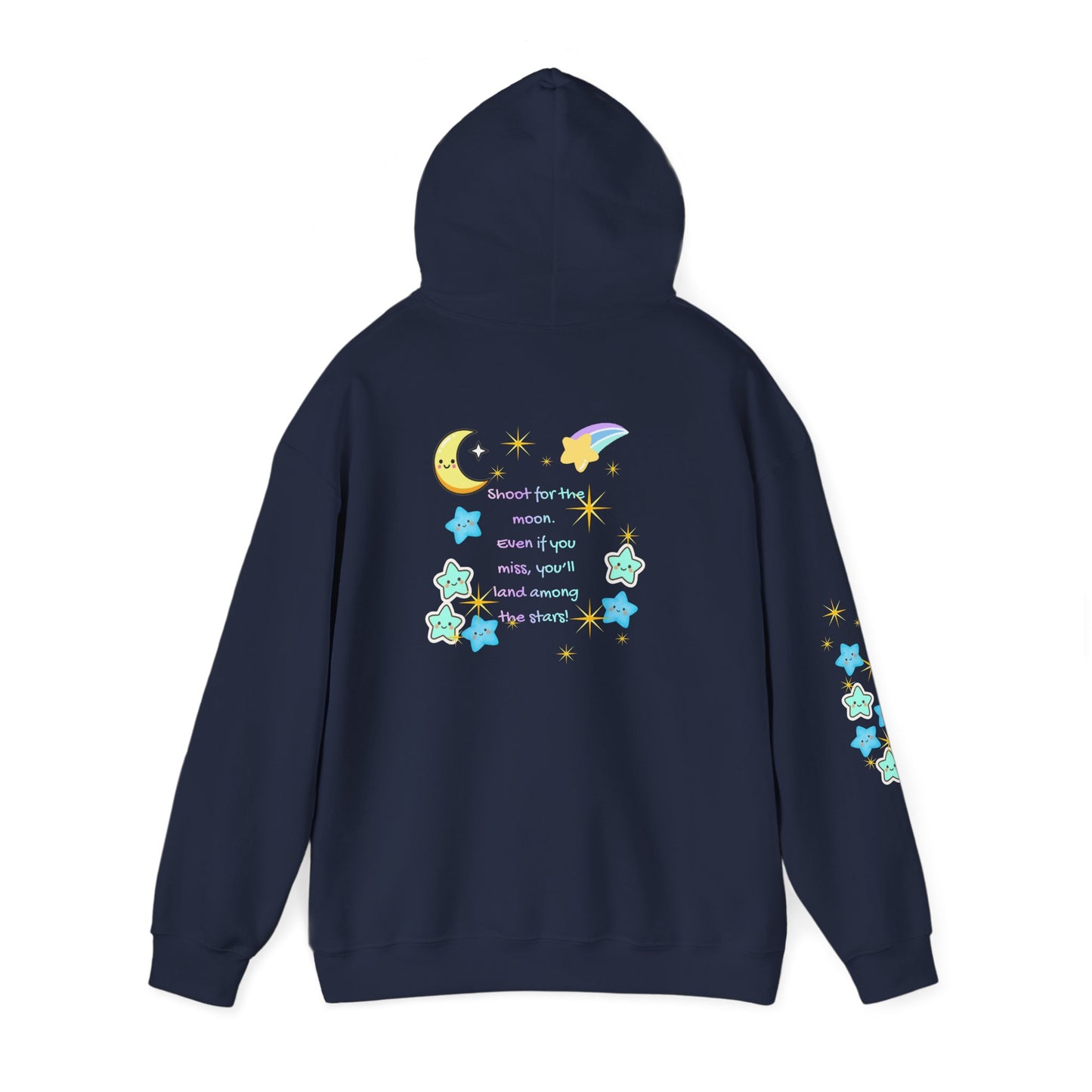 Bright Shoot for the Moon. Even if you miss, you'll land among the stars Hoodie - Cute Starry Moon Graphic