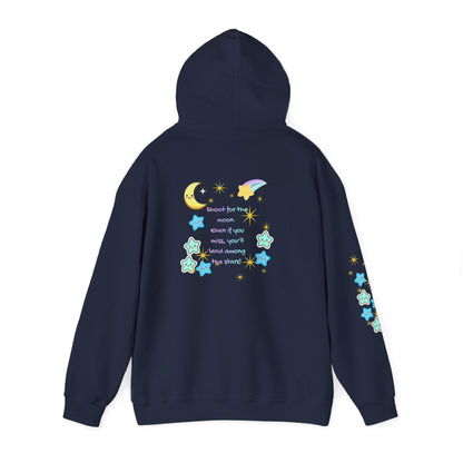 Bright Shoot for the Moon. Even if you miss, you'll land among the stars Hoodie - Cute Starry Moon Graphic
