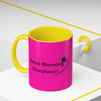 'Good Morning Starshine' Neon Cheerful Coffee Mug by PositiveHug - Pink exterior