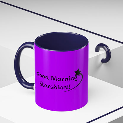 'Good Morning Starshine' Neon Cheerful Coffee Mug by PositiveHug - Purple exterior