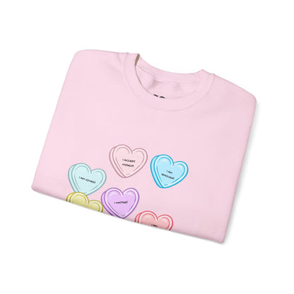 Self-Love Candy Hearts Affirmation Crewneck Sweatshirt | PositiveHug