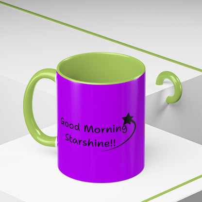'Good Morning Starshine' Neon Cheerful Coffee Mug by PositiveHug - Purple exterior