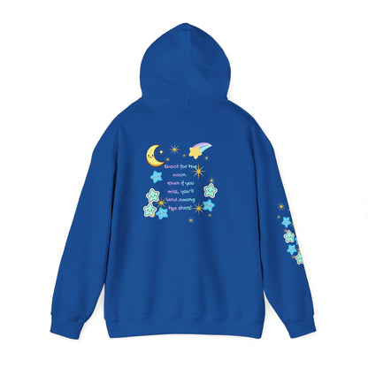 Bright Shoot for the Moon. Even if you miss, you'll land among the stars Hoodie - Cute Starry Moon Graphic