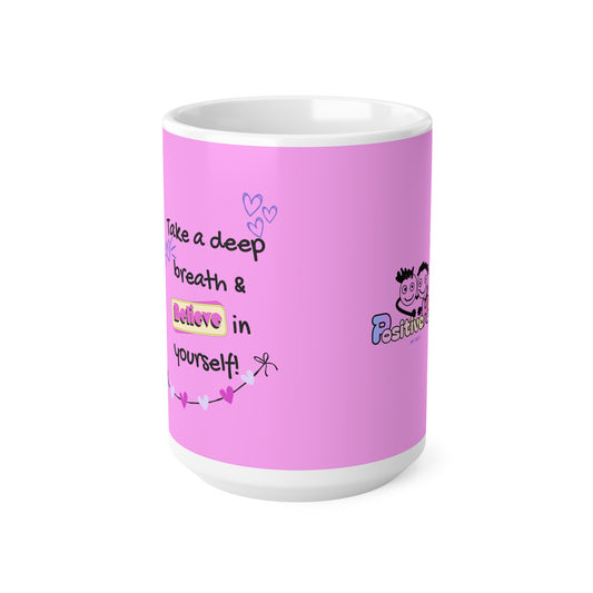 Pink mug with motivational text and graphics on a white background