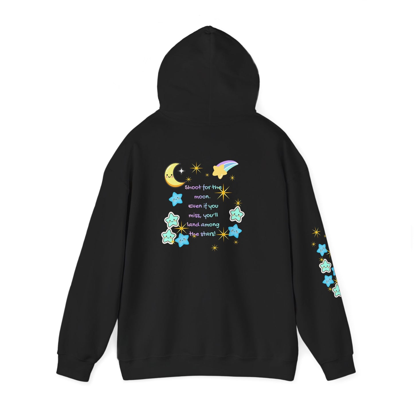 Bright Shoot for the Moon. Even if you miss, you'll land among the stars Hoodie - Cute Starry Moon Graphic