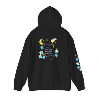 Bright Shoot for the Moon. Even if you miss, you'll land among the stars Hoodie - Cute Starry Moon Graphic