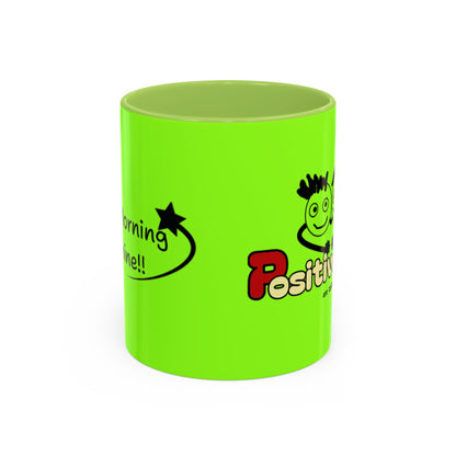 'Good Morning Starshine' Neon Cheerful Coffee Mug by PositiveHug - Green exterior
