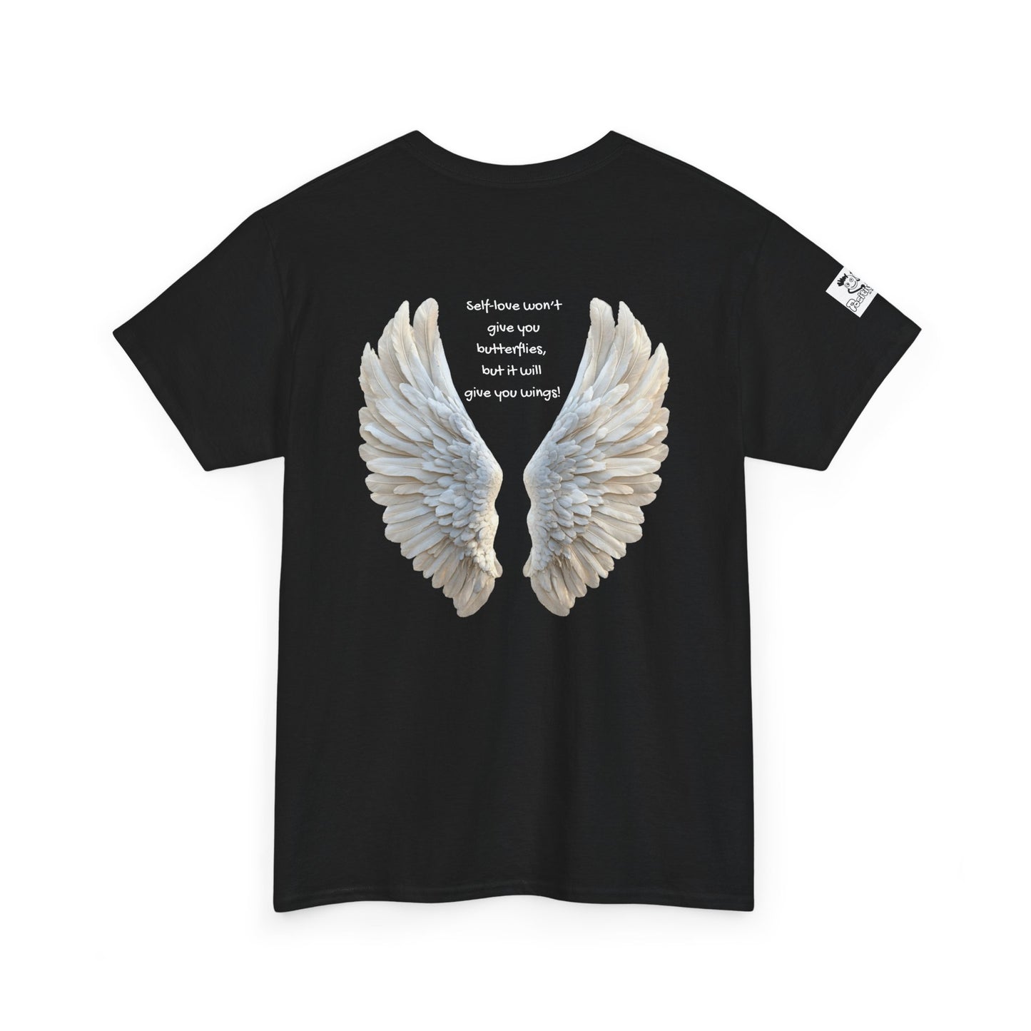 Self Love won't give you butterflies but it will give you wings - Angel Wings T‑Shirt with Positive Motivational Mindset Quote — Back Graphic Tee