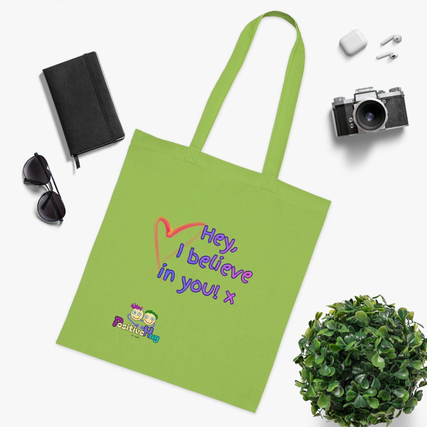 'Hey, I believe in you! x 'Positive Vibes Cotton Tote Bag - by PositiveHug Inspirational & Fun Design