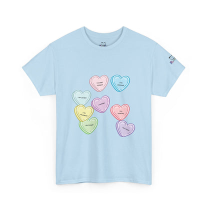 Affirmation Heart Tee — Pastel Candy Hearts Graphic T-Shirt