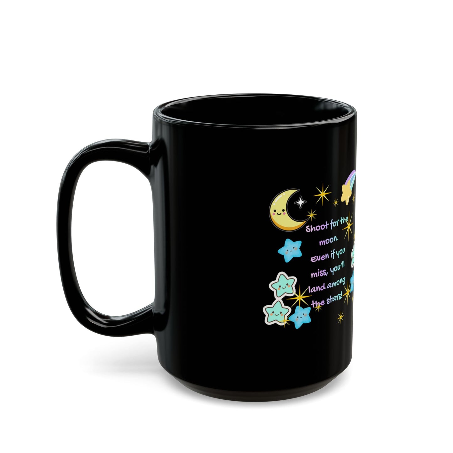 Shoot for the Moon Inspirational Black Mug — Cute Pastel Design | PositiveHug