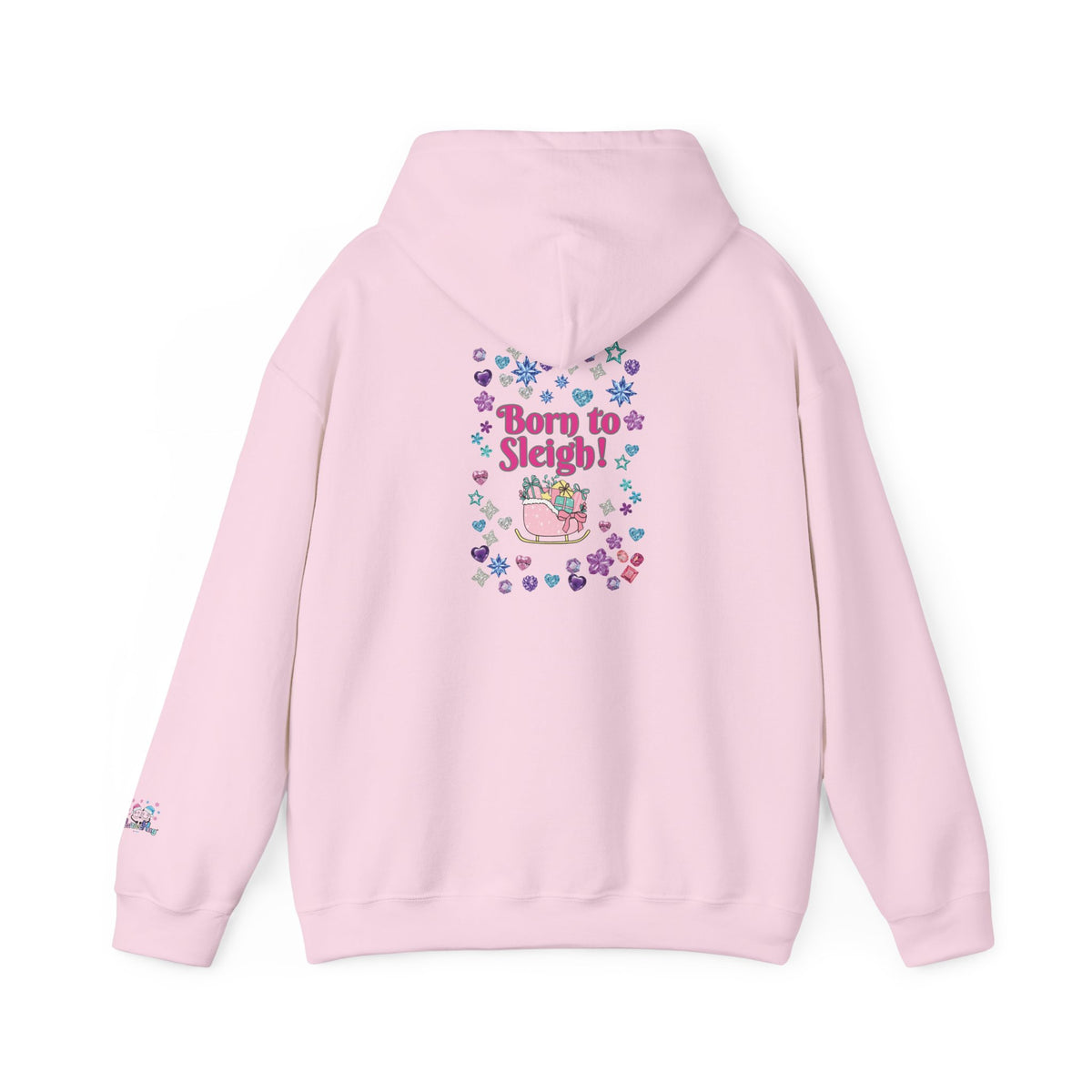 A light pink hoodie shown from the back, featuring a colorful graphic print with the text 'Born to Sleigh!' surrounded by hearts and a pink sleigh illustration.