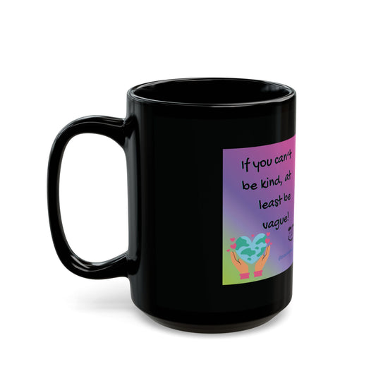 Black mug with a colorful design and text on a white background