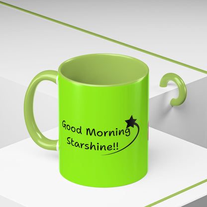 'Good Morning Starshine' Neon Cheerful Coffee Mug by PositiveHug - Green exterior