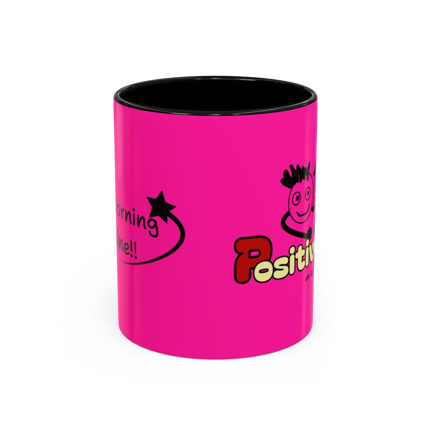 'Good Morning Starshine' Neon Cheerful Coffee Mug by PositiveHug - Pink exterior