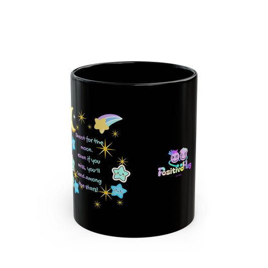 Shoot for the moon. Even if you miss you'll land amongst the stars - Inspirational Starry Black Mug — Cute Pastel Design