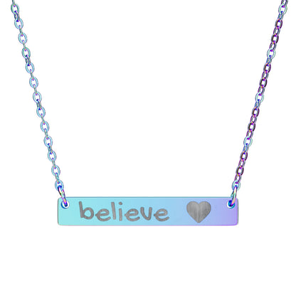 Engraved "Believe" Bar Necklace — Horizontal Heart Pendant