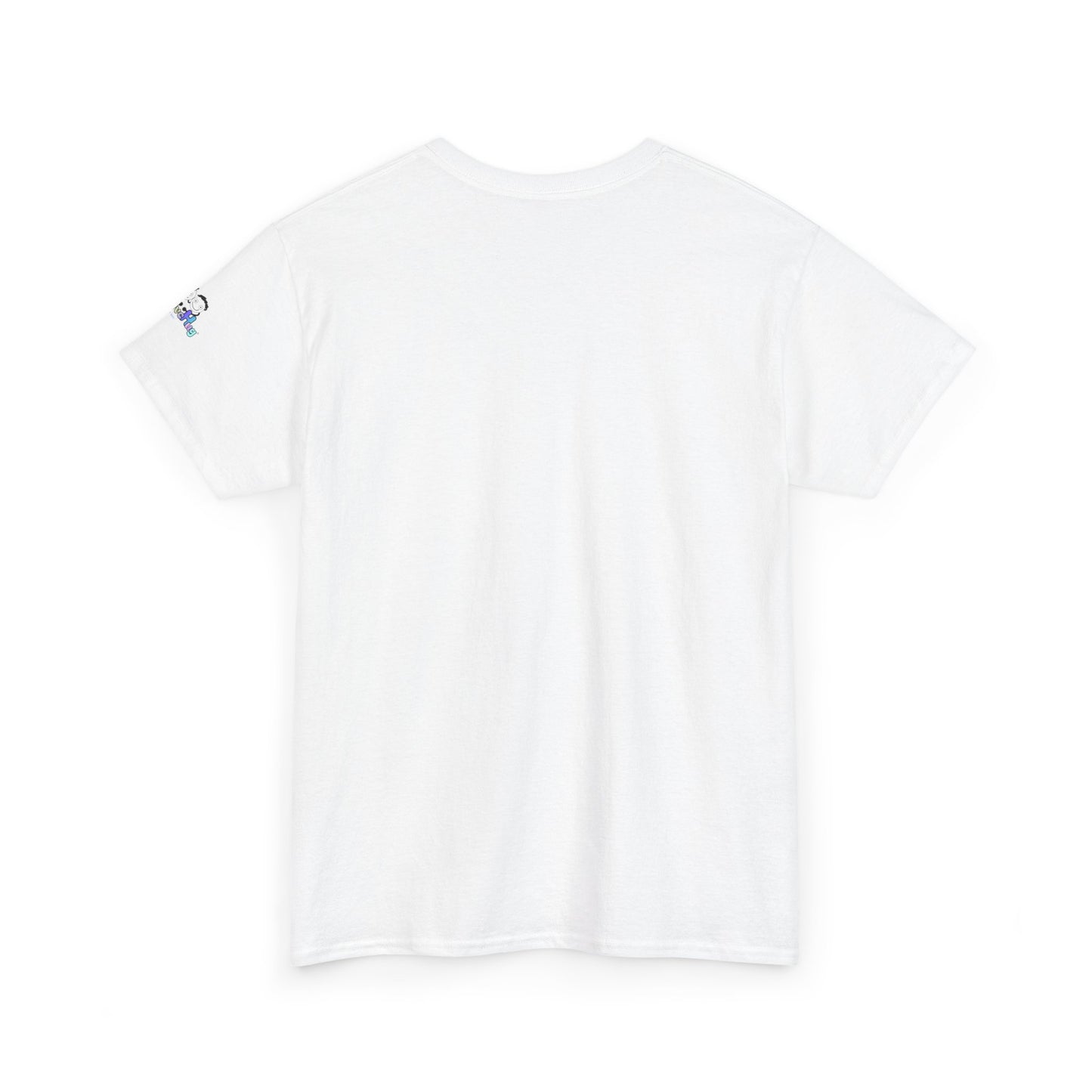 White t-shirt with a small logo on the back against a white background