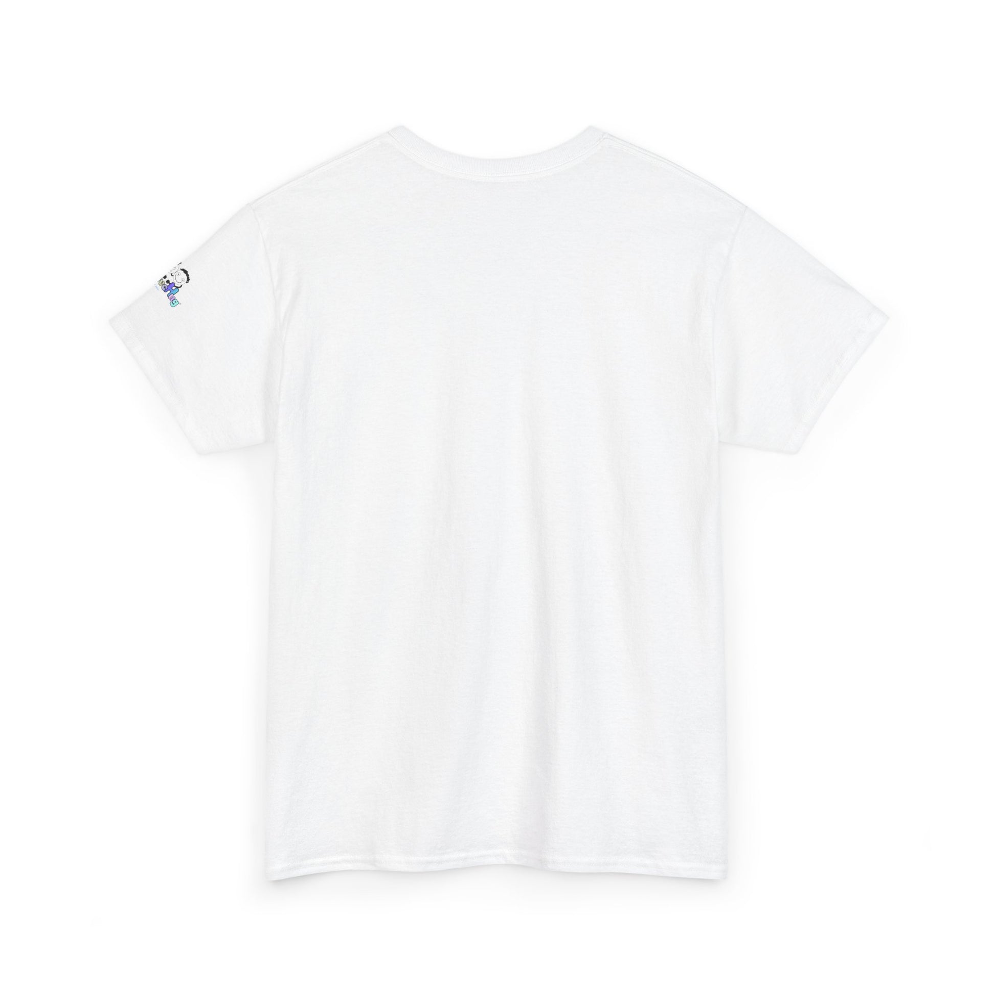 White t-shirt with a small logo on the back against a white background